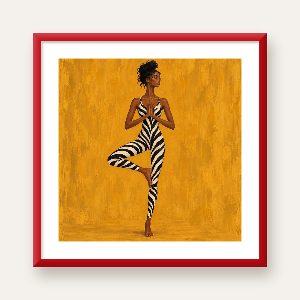 Hardal Sarısı Zebra Desenli Ağaç Pozu Yoga Poster — kırmızı çerçeveli paspartulu