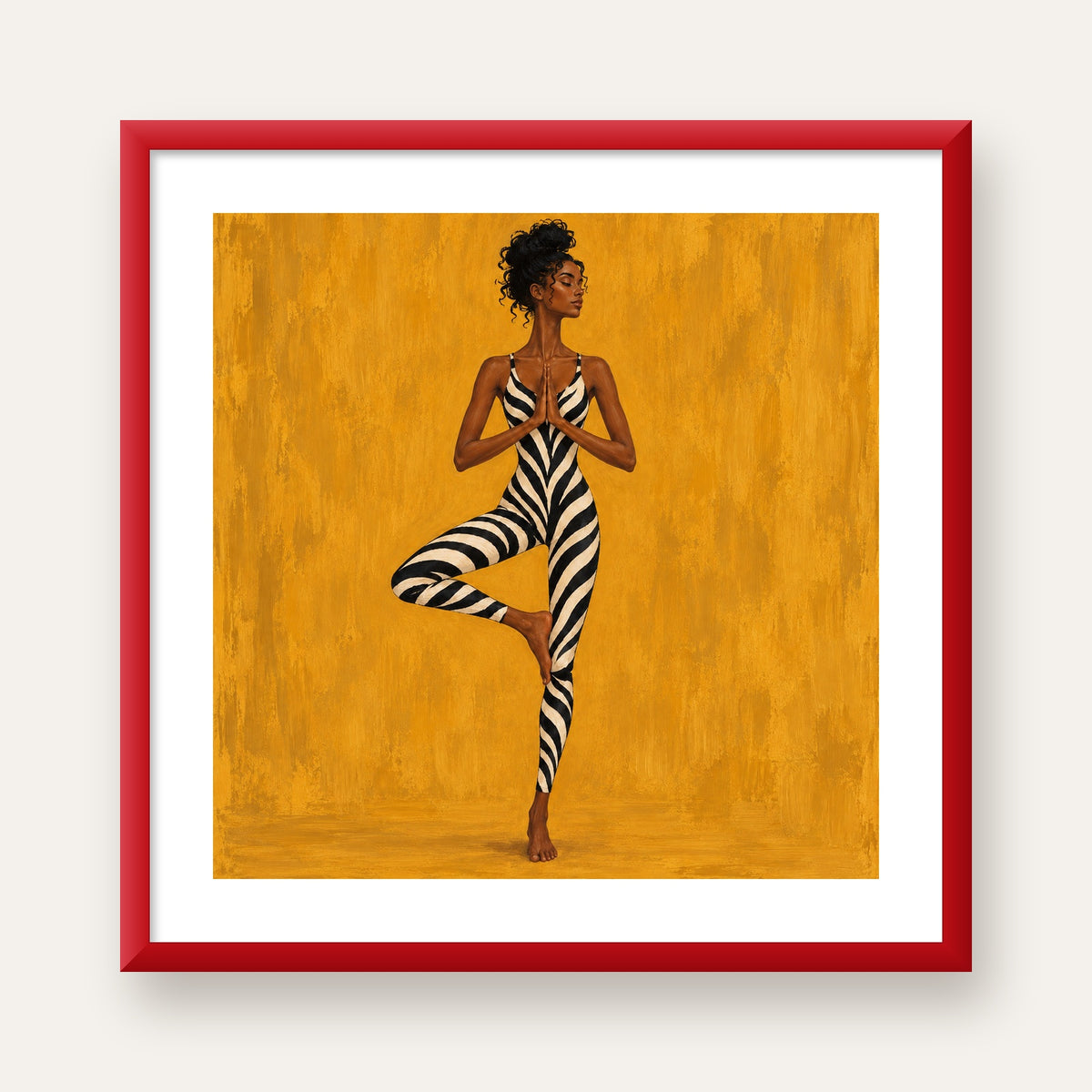 Hardal Sarısı Zebra Desenli Ağaç Pozu Yoga Poster — kırmızı çerçeveli paspartulu