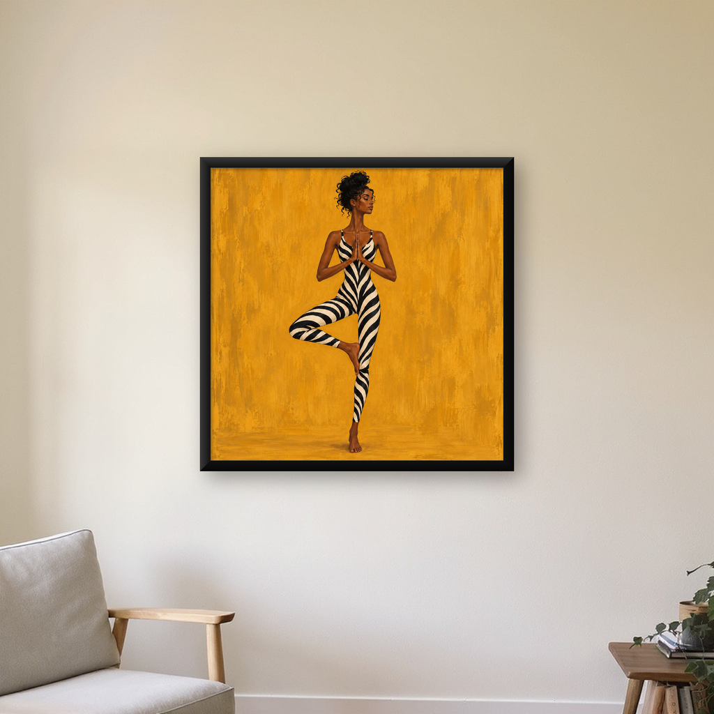 Yoga Pozunda Zebra Desenli Kadın Figürlü Poster — Kare baskı, çerçeveli hâliyle bir ev duvarında