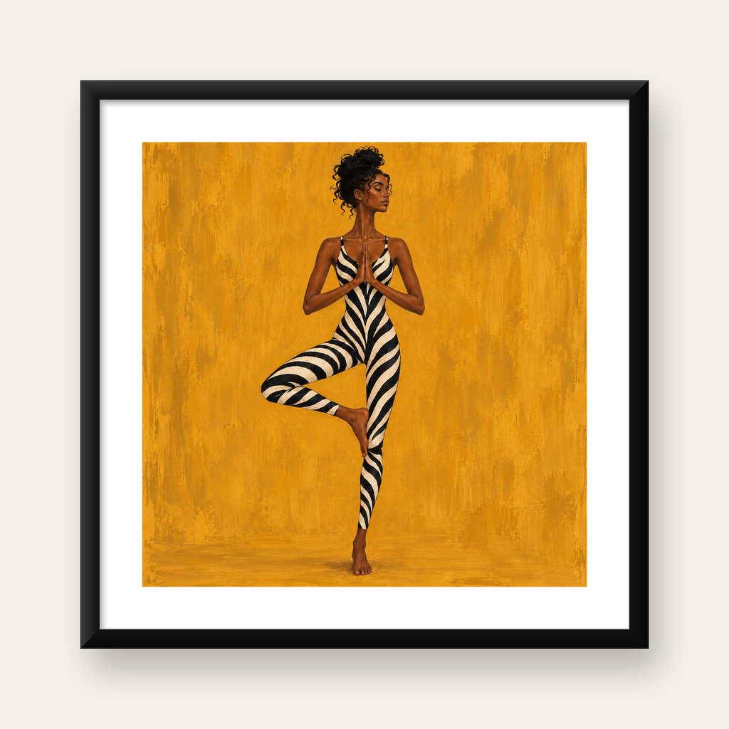 Yoga Pozunda Zebra Desenli Kadın Figürlü Poster — Kare baskı, beyaz kenar boşluklu