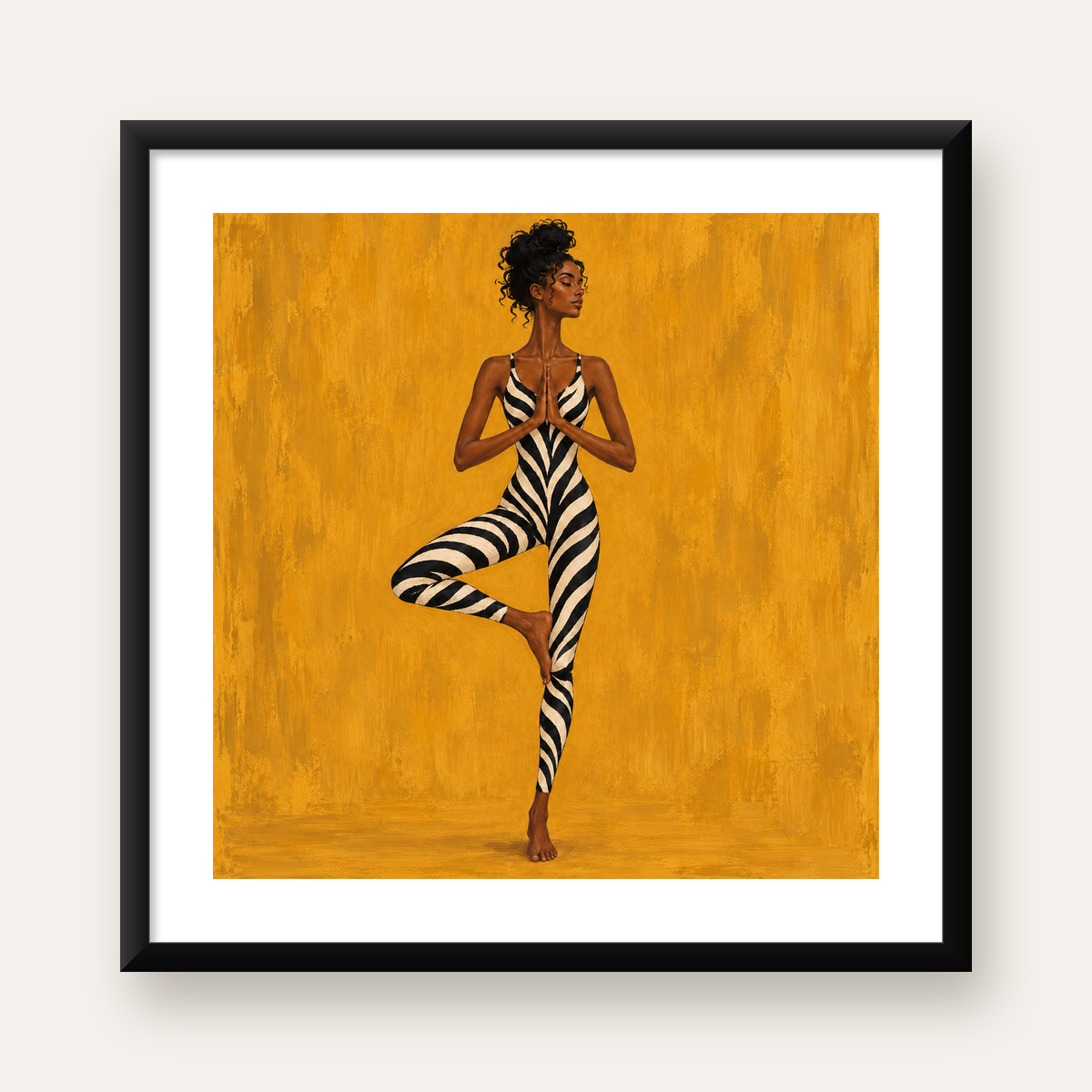 Yoga Pozunda Zebra Desenli Kadın Figürlü Poster — Kare baskı, beyaz kenar boşluklu