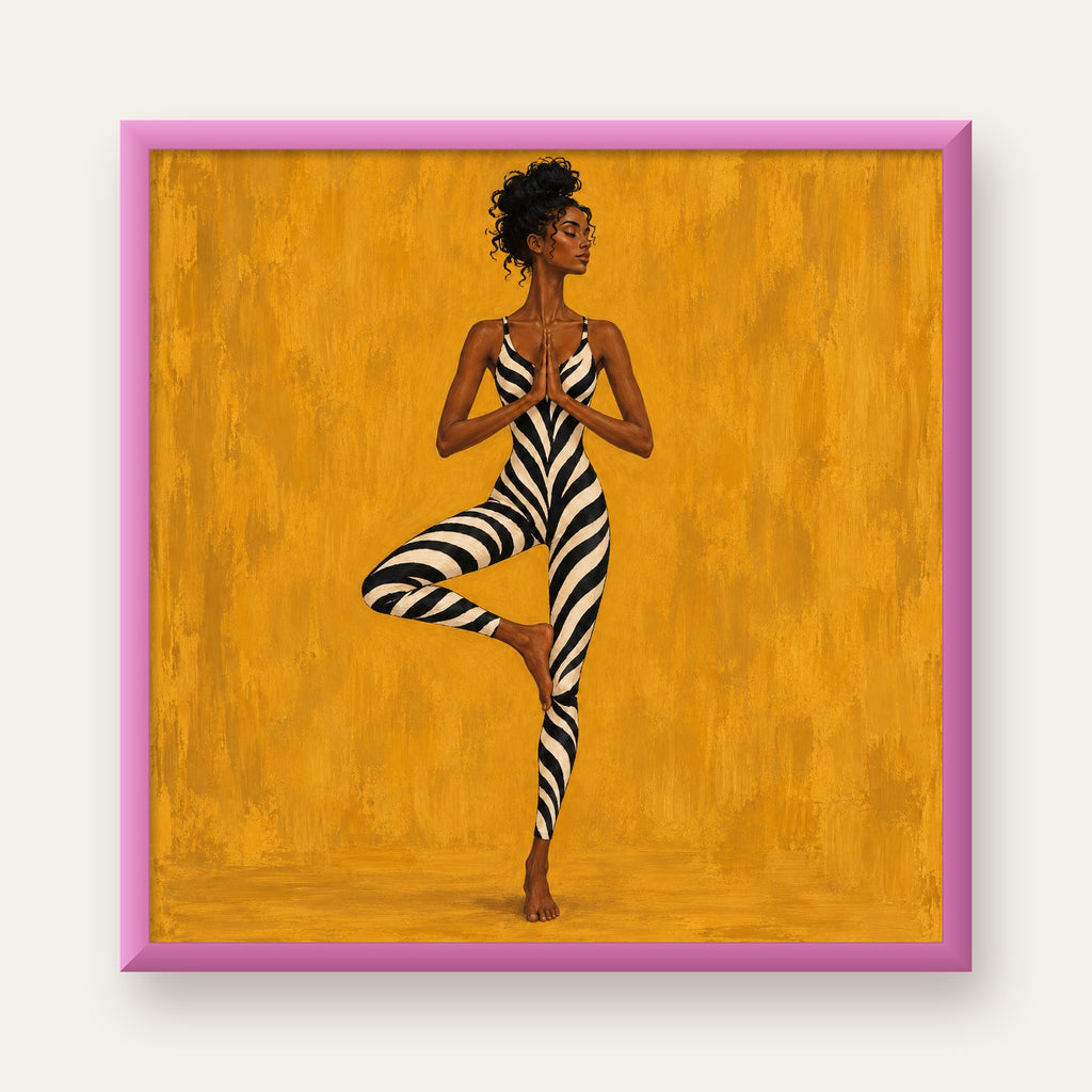 Hardal Sarısı Zebra Desenli Ağaç Pozu Yoga Poster — pembe çerçeveli