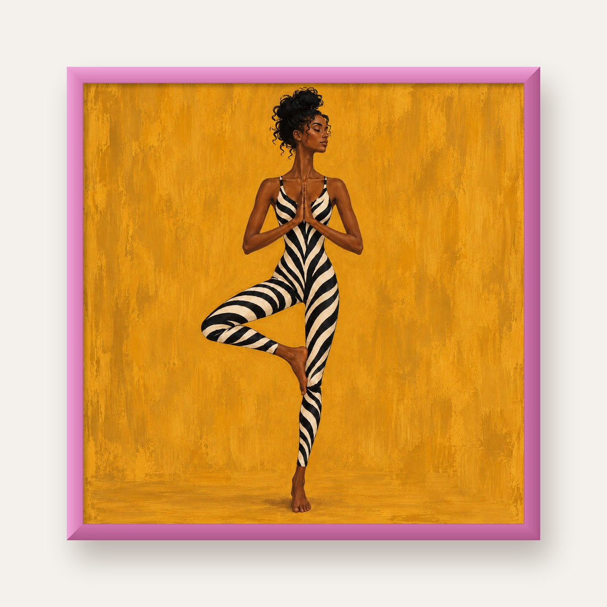 Hardal Sarısı Zebra Desenli Ağaç Pozu Yoga Poster — pembe çerçeveli
