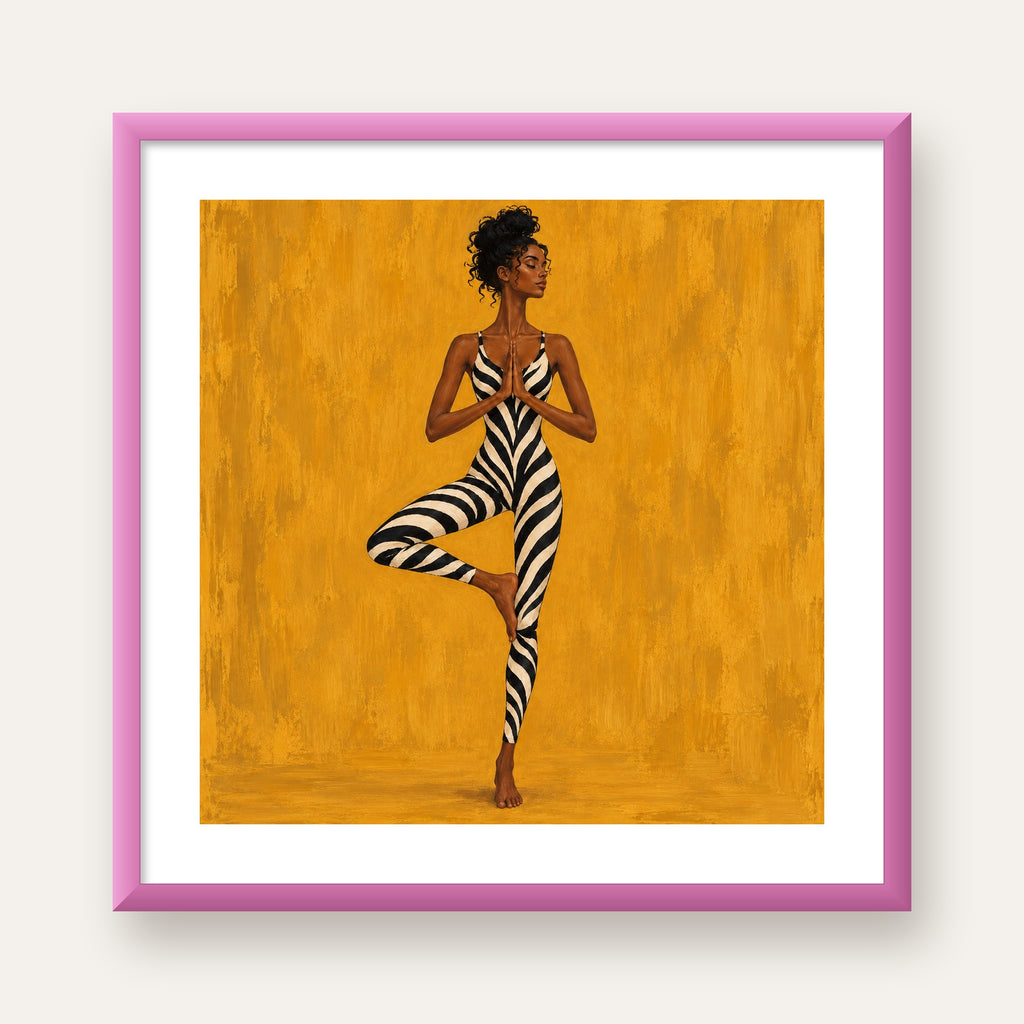 Hardal Sarısı Zebra Desenli Ağaç Pozu Yoga Poster — pembe çerçeveli paspartulu