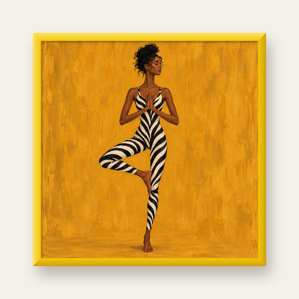 Hardal Sarısı Zebra Desenli Ağaç Pozu Yoga Poster — sarı çerçeveli
