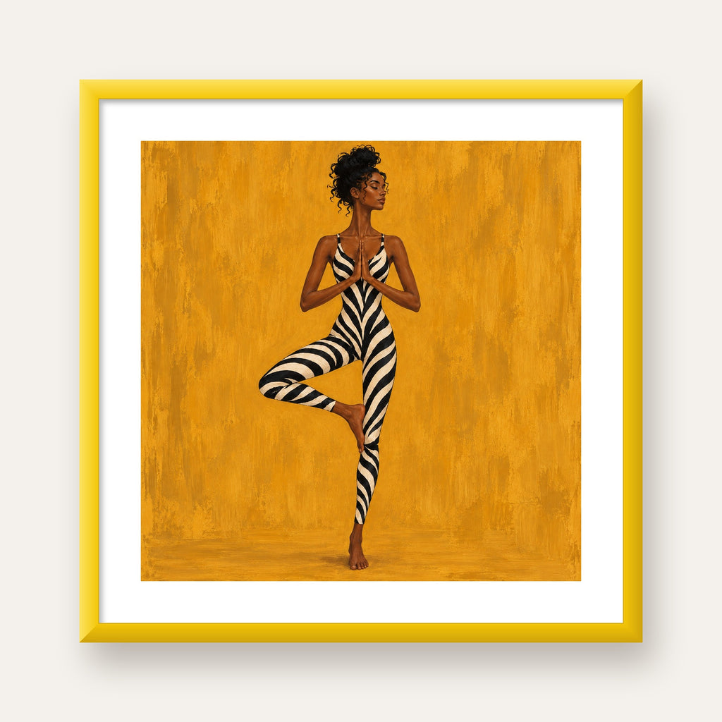 Hardal Sarısı Zebra Desenli Ağaç Pozu Yoga Poster — sarı çerçeveli paspartulu