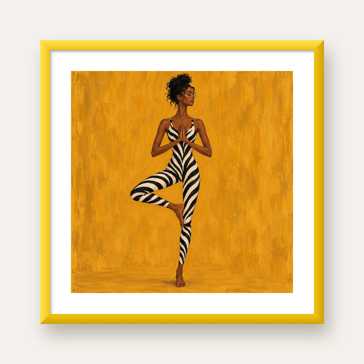 Hardal Sarısı Zebra Desenli Ağaç Pozu Yoga Poster — sarı çerçeveli paspartulu