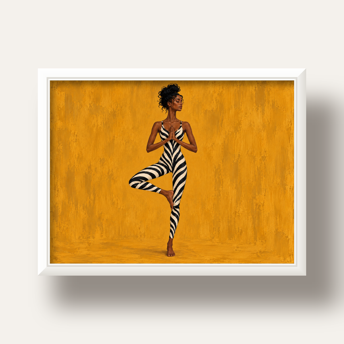 Hardal Sarısı Zebra Desenli Ağaç Pozu Yoga Poster — beyaz derin çerçeveli