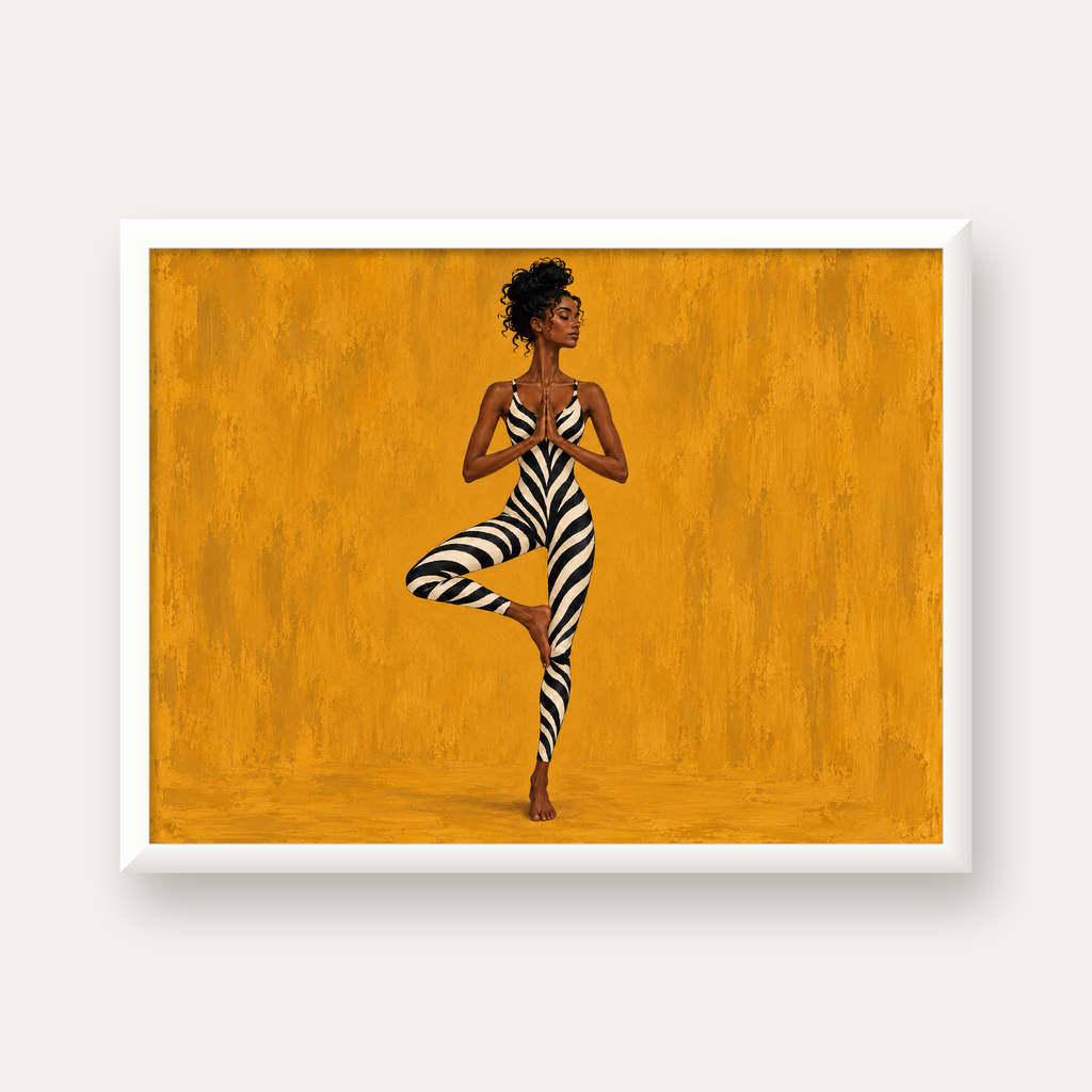 Hardal Sarısı Zebra Desenli Ağaç Pozu Yoga Poster — beyaz çerçeveli yatay poster