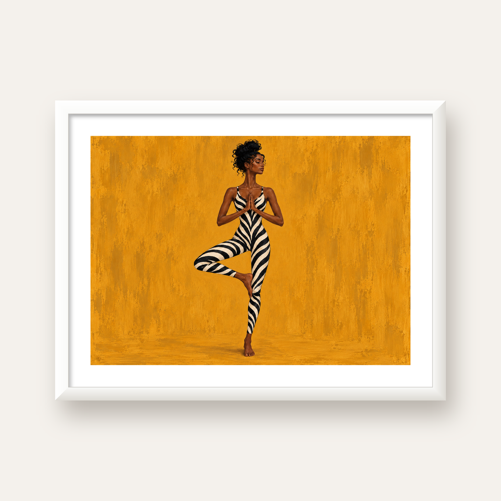 Hardal Sarısı Zebra Desenli Ağaç Pozu Yoga Poster — beyaz çerçeveli yatay poster