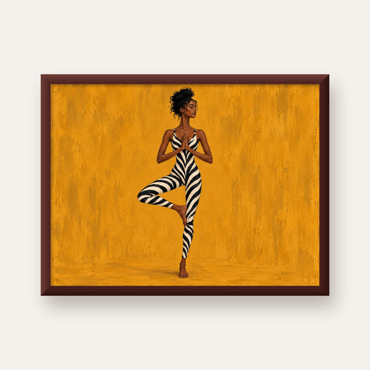 Hardal Sarısı Zebra Desenli Ağaç Pozu Yoga Poster — ceviz çerçeveli