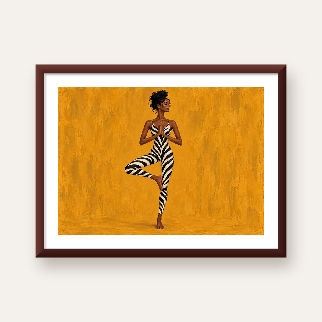 Hardal Sarısı Zebra Desenli Ağaç Pozu Yoga Poster — ceviz çerçeveli paspartulu