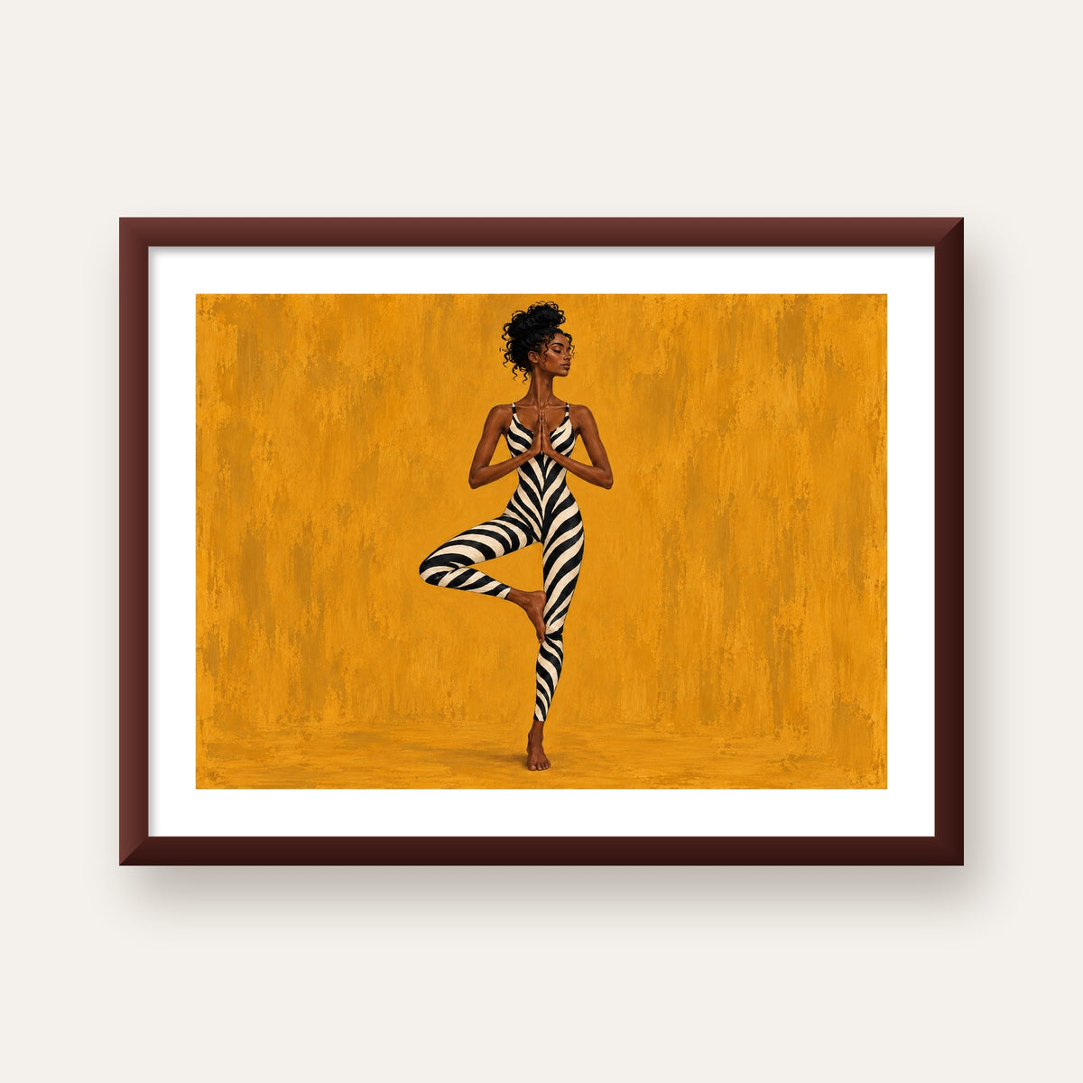 Hardal Sarısı Zebra Desenli Ağaç Pozu Yoga Poster — ceviz çerçeveli paspartulu