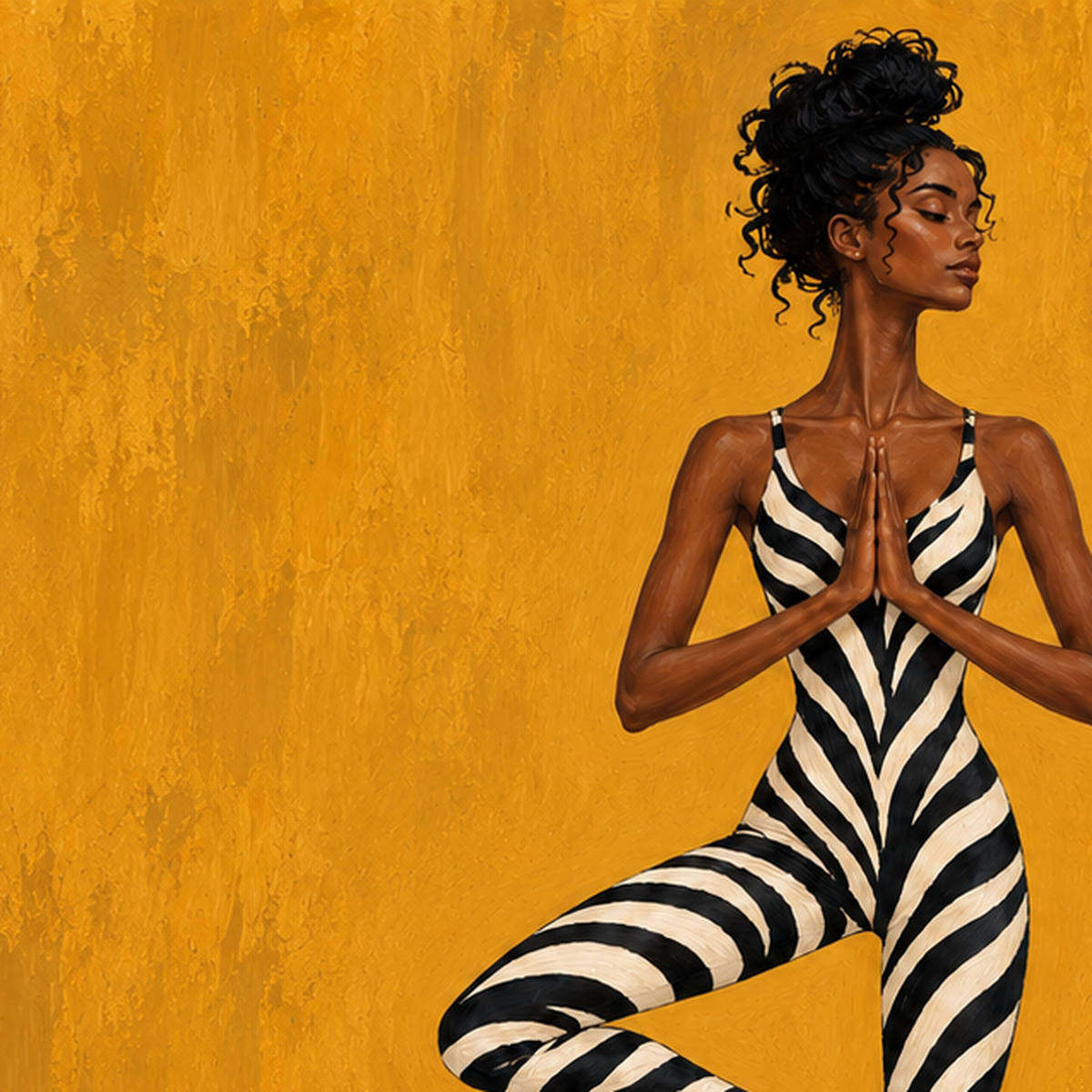 Yoga Pozunda Zebra Desenli Kadın Figürlü Poster — baskının yakın çekimi, kâğıt dokusu ve renk detayı