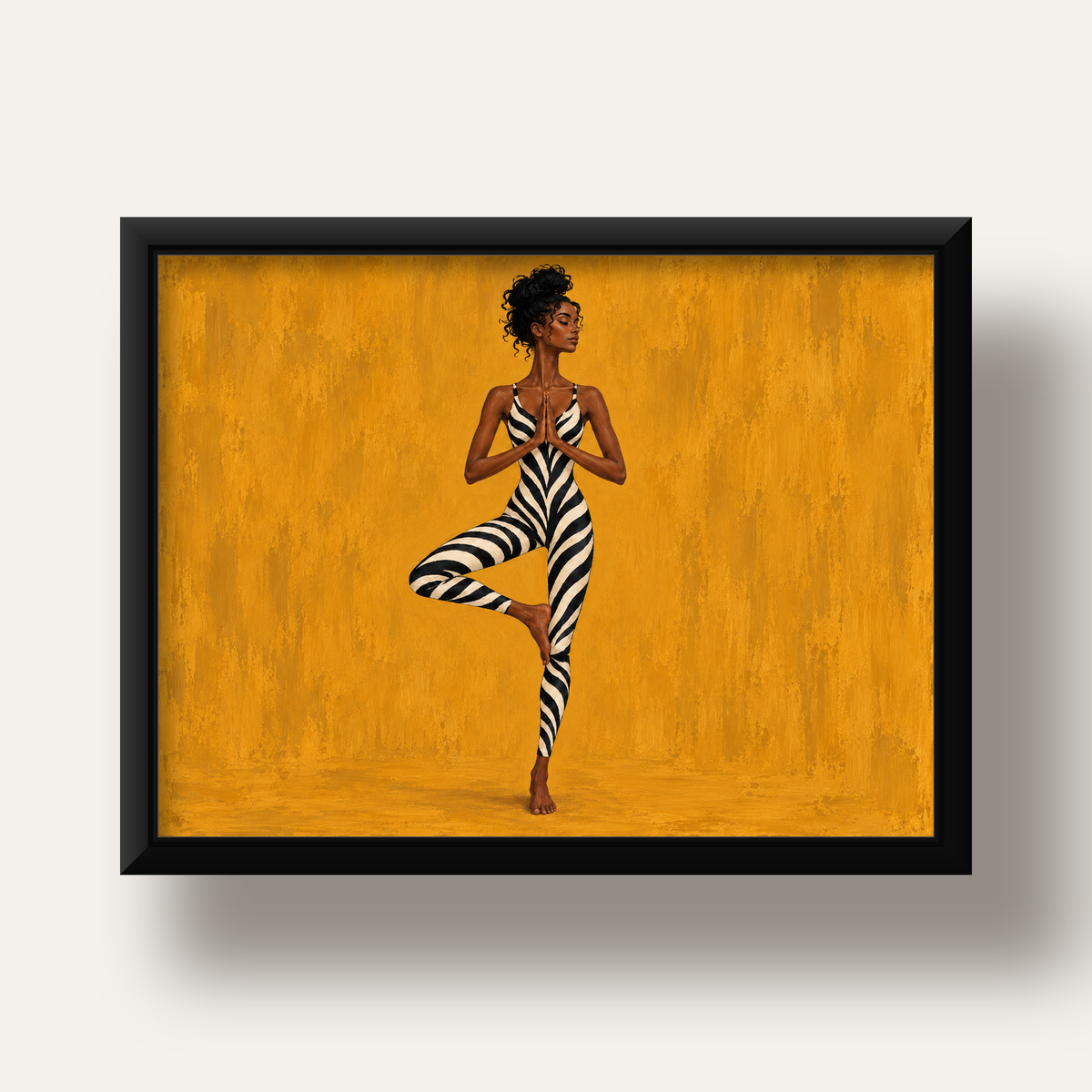 Hardal Sarısı Zebra Desenli Ağaç Pozu Yoga Poster — siyah derin çerçeveli