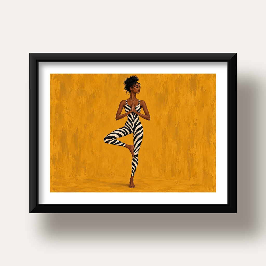 Hardal Sarısı Zebra Desenli Ağaç Pozu Yoga Poster — siyah derin çerçeveli paspartulu
