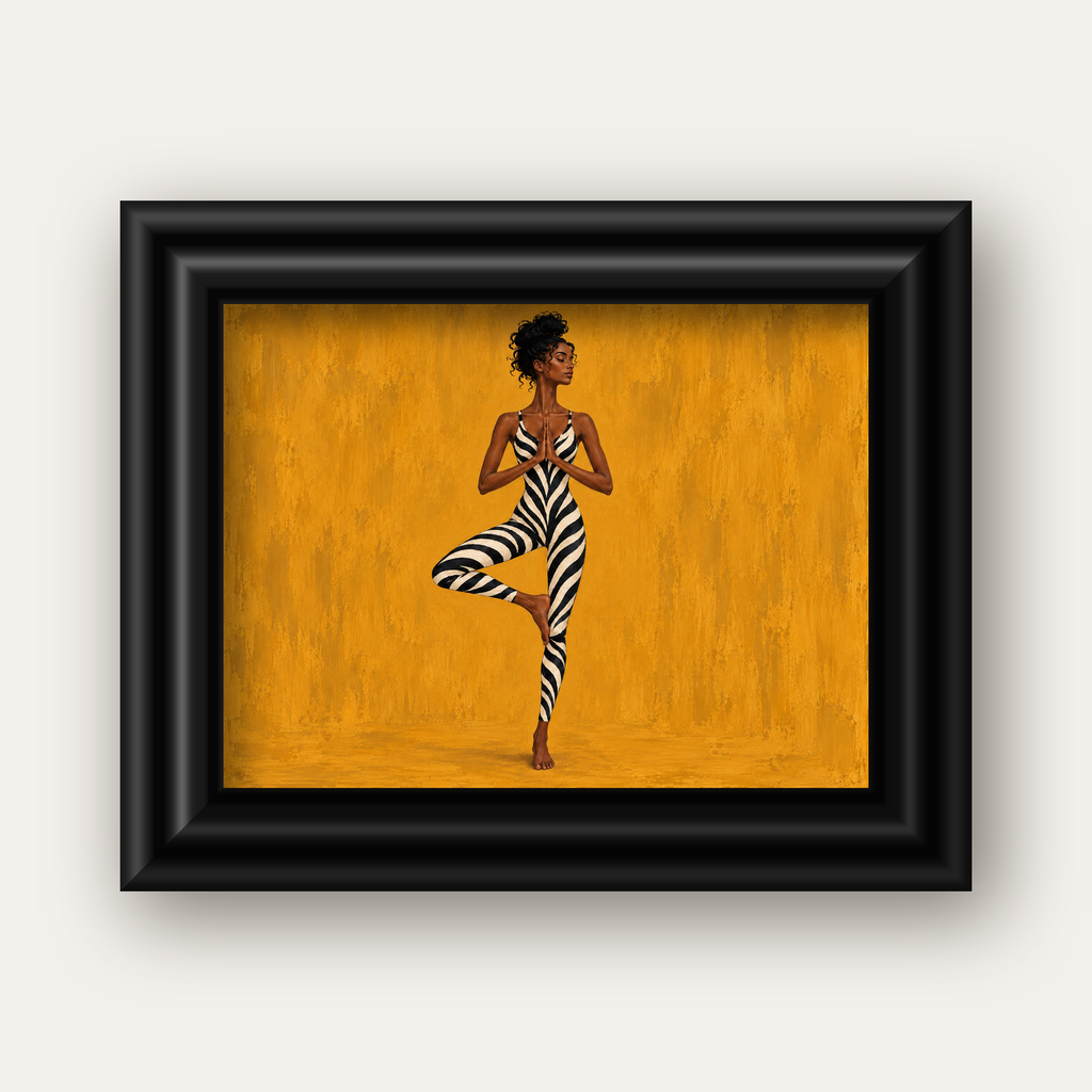 Hardal Sarısı Zebra Desenli Ağaç Pozu Yoga Poster — siyah galeri çerçeveli