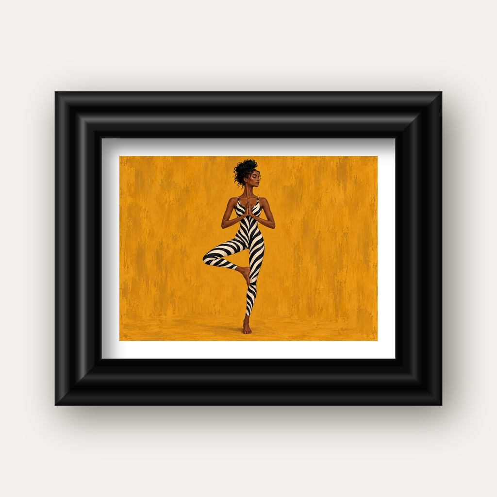 Hardal Sarısı Zebra Desenli Ağaç Pozu Yoga Poster — siyah galeri çerçeveli paspartulu