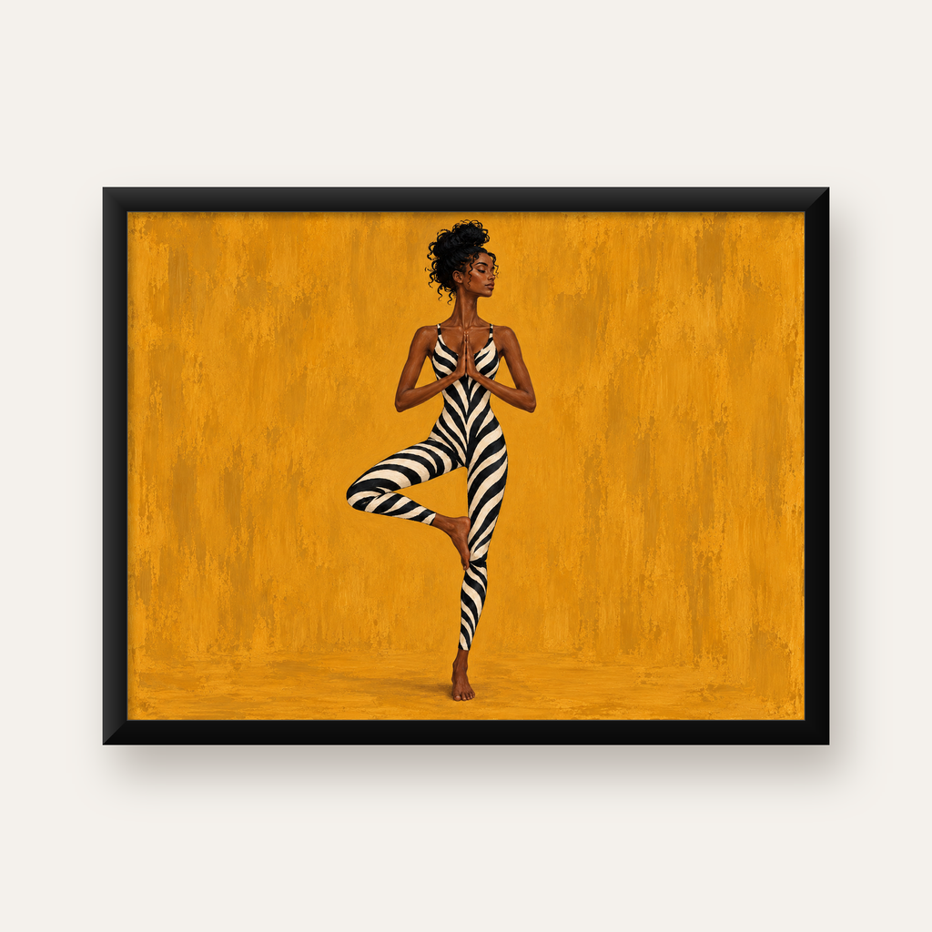 Yoga Pozunda Zebra Desenli Kadın Figürlü Poster — Yatay baskı, düz siyah çerçeveli duvar posteri