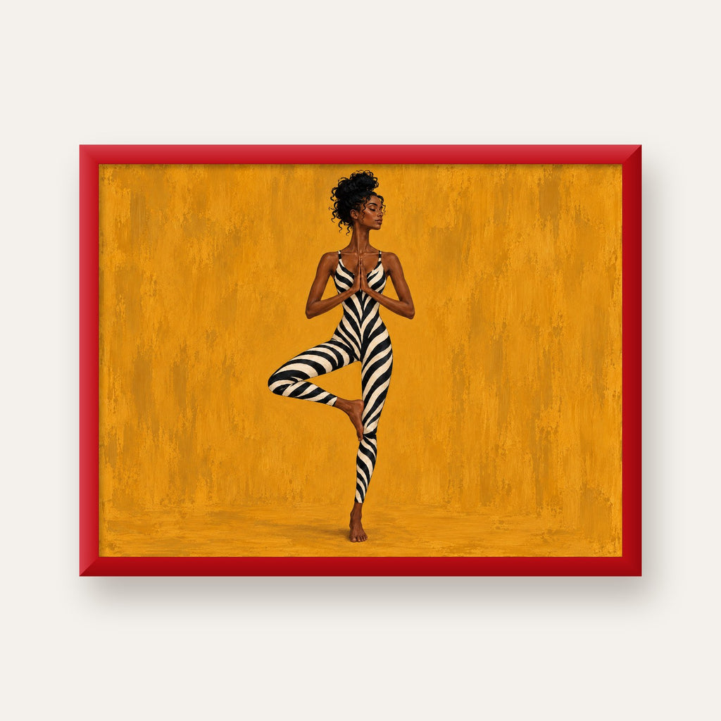 Hardal Sarısı Zebra Desenli Ağaç Pozu Yoga Poster — kırmızı çerçeveli