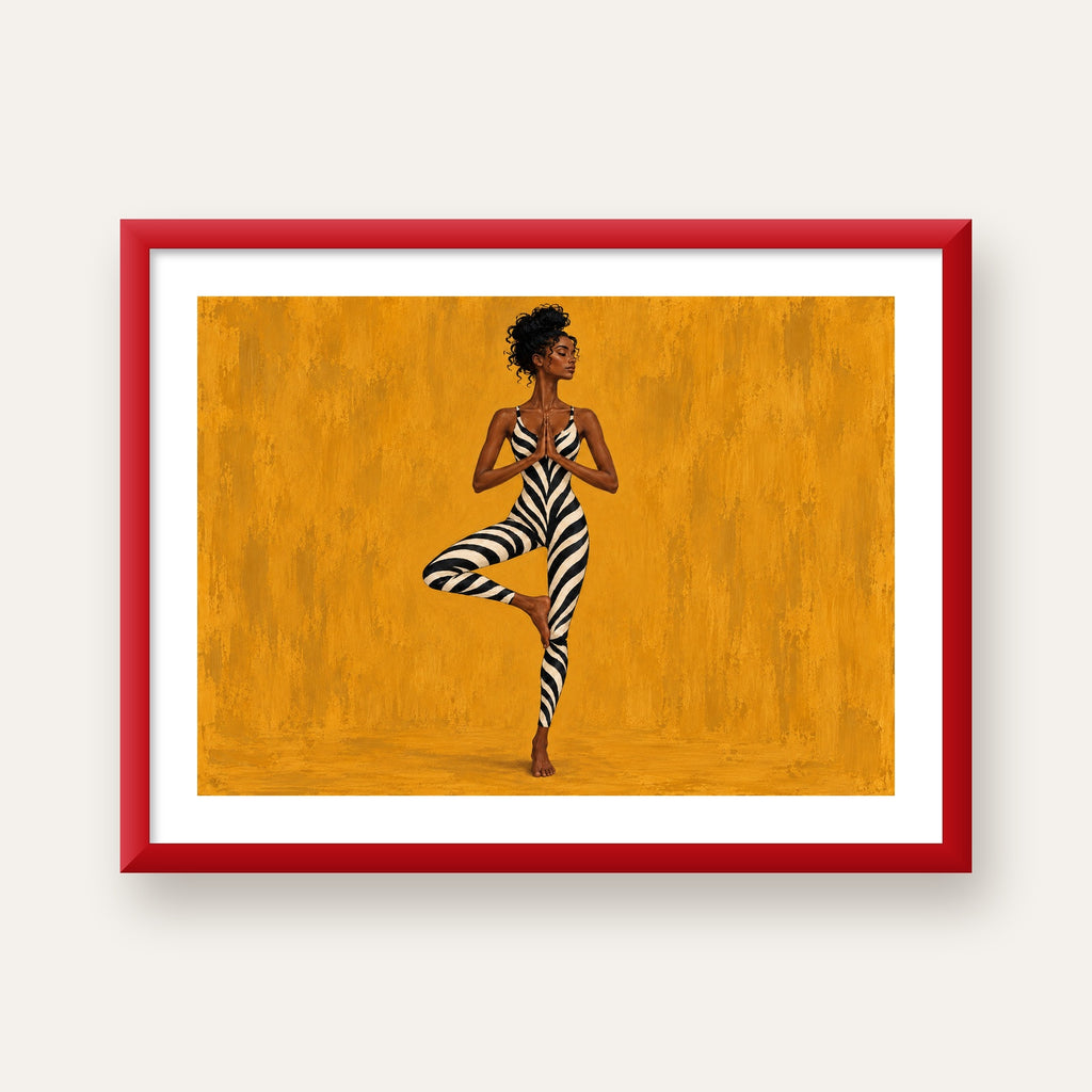 Hardal Sarısı Zebra Desenli Ağaç Pozu Yoga Poster — kırmızı çerçeveli paspartulu