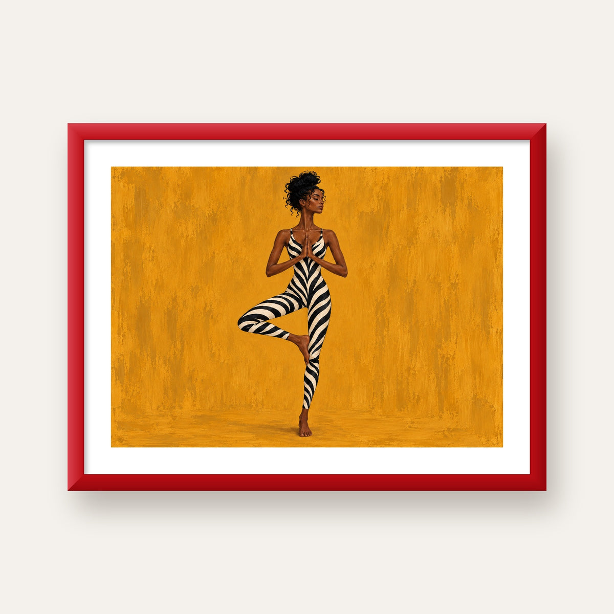 Hardal Sarısı Zebra Desenli Ağaç Pozu Yoga Poster — kırmızı çerçeveli paspartulu