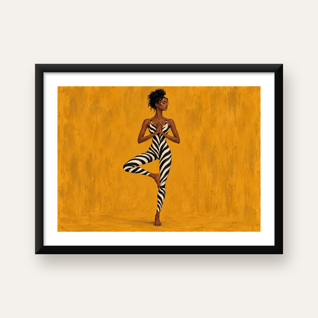 Yoga Pozunda Zebra Desenli Kadın Figürlü Poster — Yatay baskı, beyaz kenar boşluklu