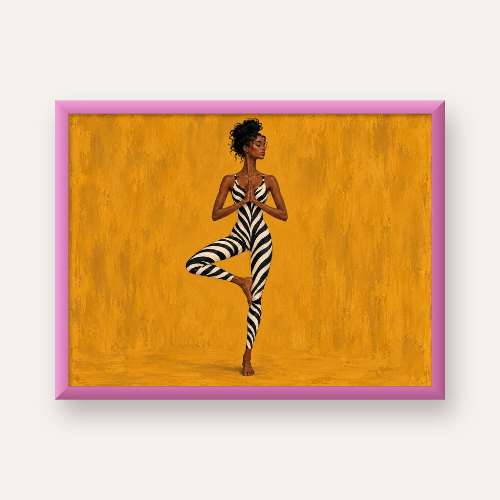 Hardal Sarısı Zebra Desenli Ağaç Pozu Yoga Poster — pembe çerçeveli
