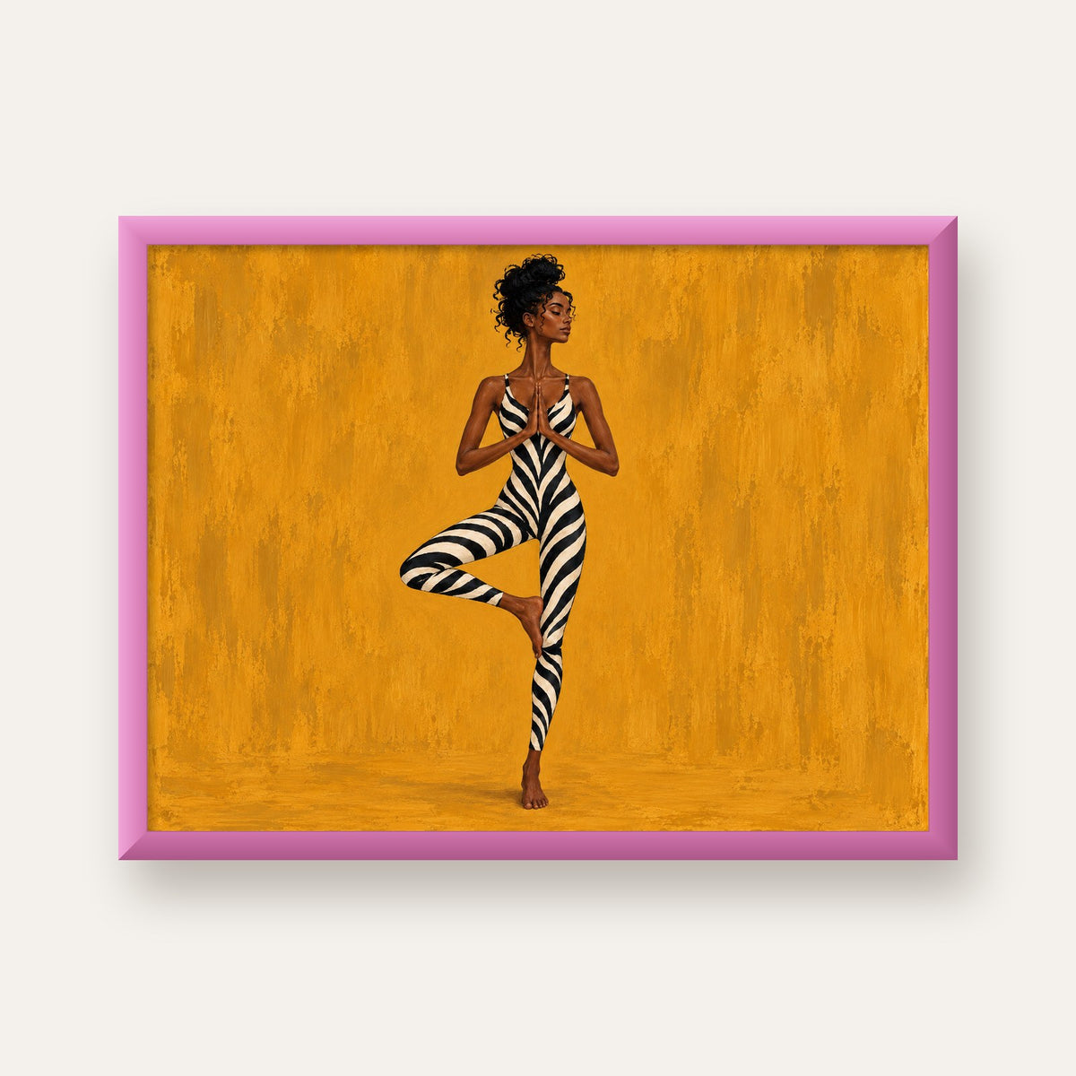 Hardal Sarısı Zebra Desenli Ağaç Pozu Yoga Poster — pembe çerçeveli