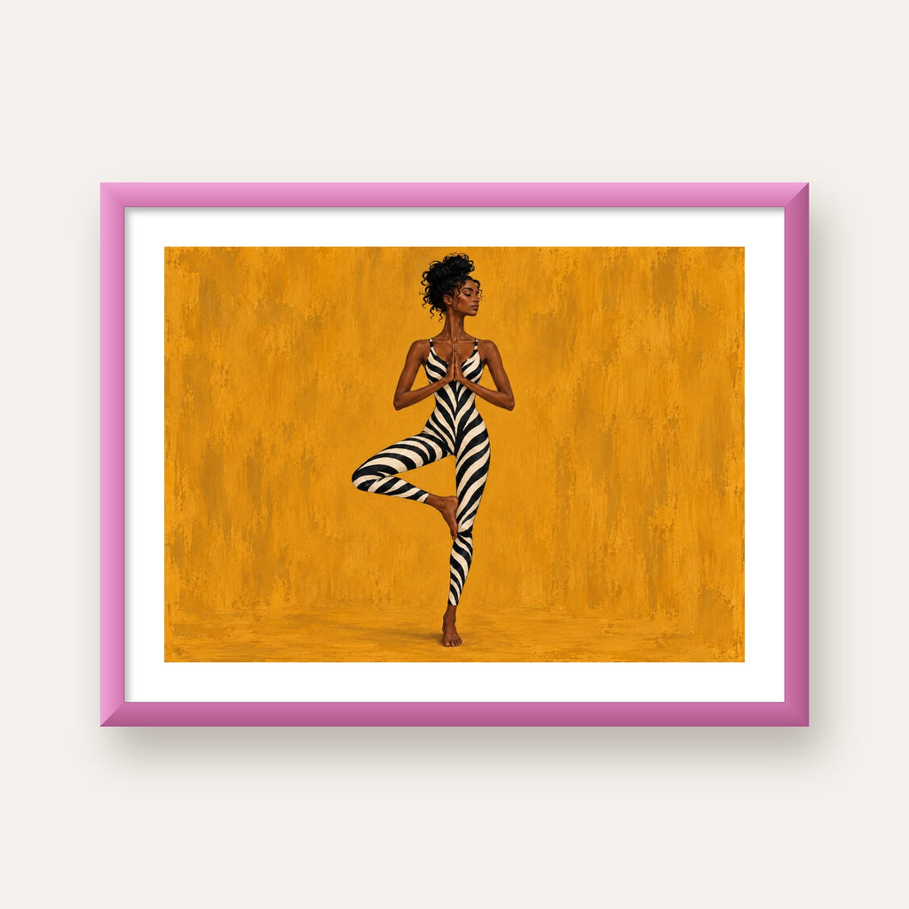 Hardal Sarısı Zebra Desenli Ağaç Pozu Yoga Poster — pembe çerçeveli paspartulu