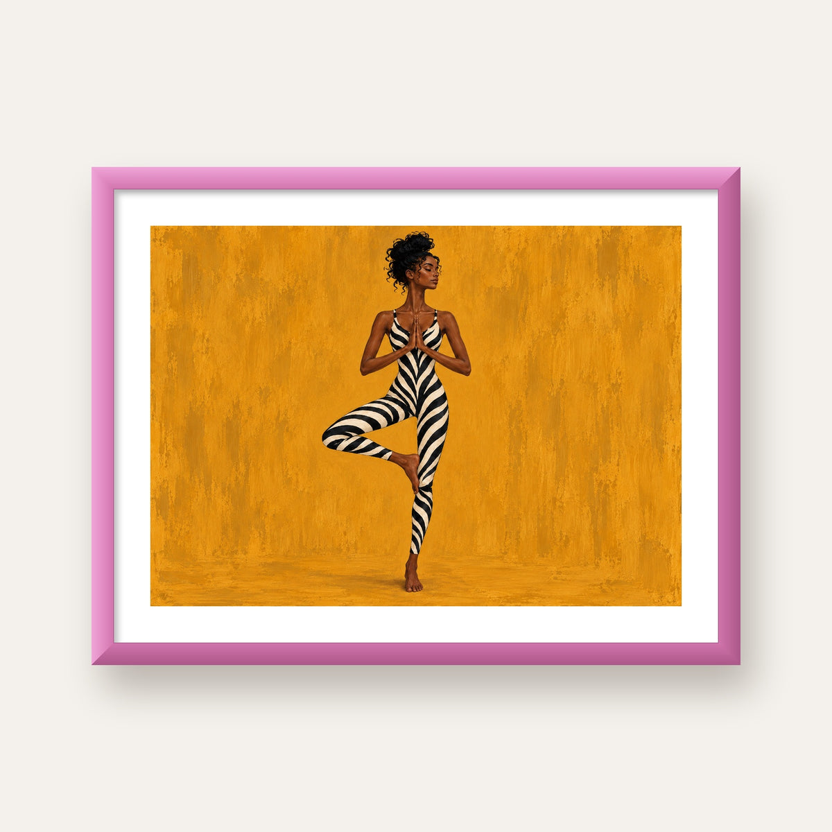 Hardal Sarısı Zebra Desenli Ağaç Pozu Yoga Poster — pembe çerçeveli paspartulu