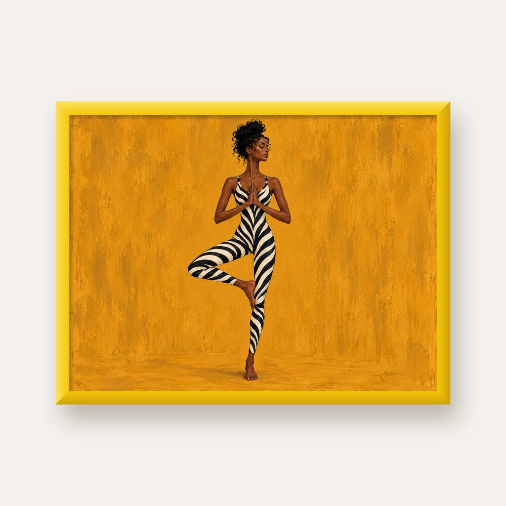 Hardal Sarısı Zebra Desenli Ağaç Pozu Yoga Poster — sarı çerçeveli