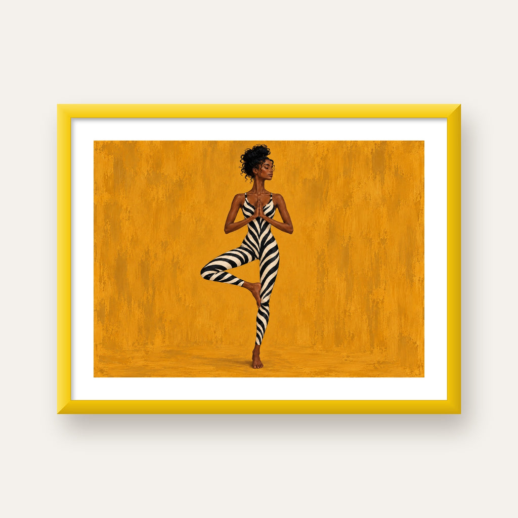 Hardal Sarısı Zebra Desenli Ağaç Pozu Yoga Poster — sarı çerçeveli paspartulu