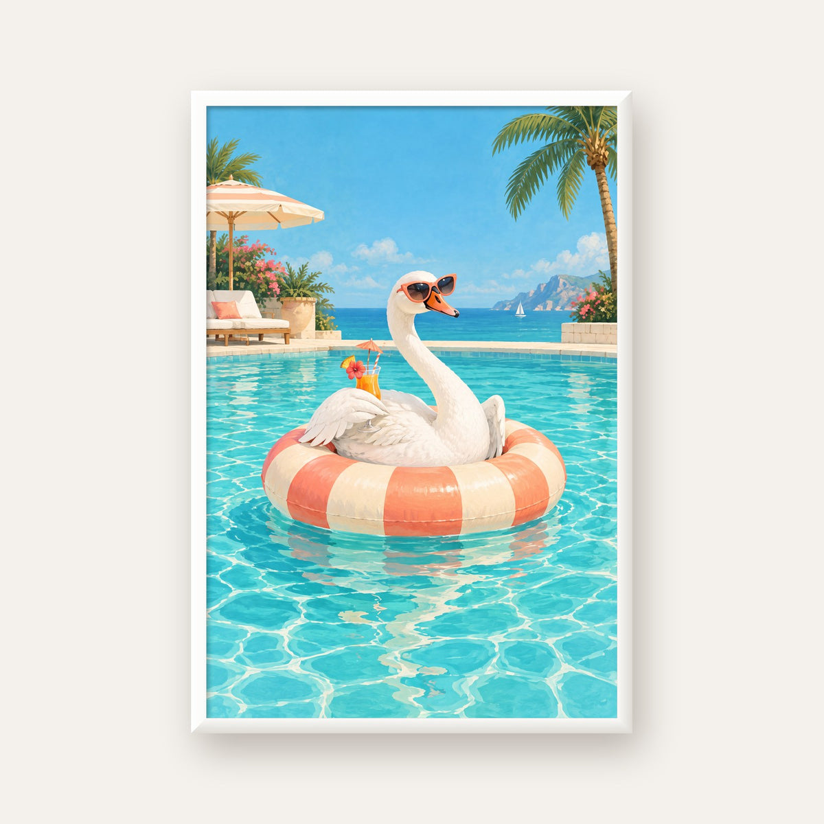 Havuzda Güneş Gözlüklü Kuğu Dijital Poster – Yaz Dekoru — beyaz çerçeveli dikey poster