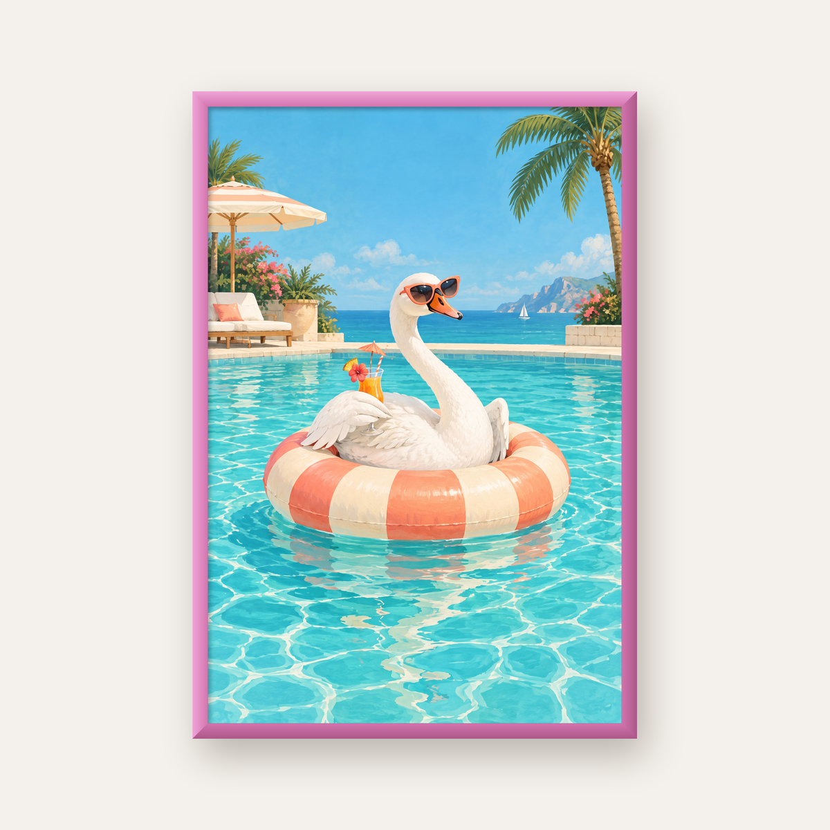 Havuzda Güneş Gözlüklü Kuğu Dijital Poster – Yaz Dekoru — pembe çerçeveli