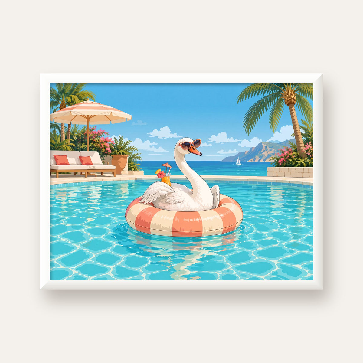Havuzda Güneş Gözlüklü Kuğu Dijital Poster – Yaz Dekoru — beyaz çerçeveli yatay poster