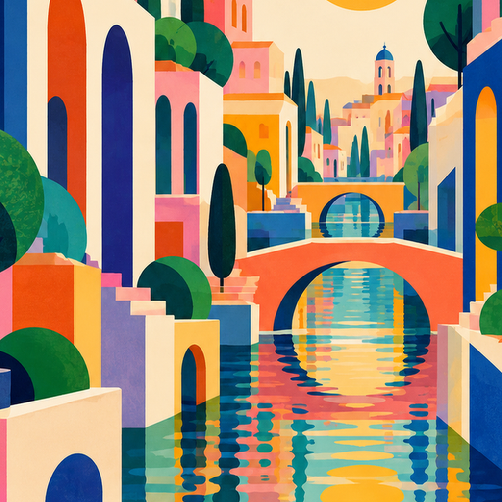 Renkli Akdeniz Kasabası Manzarası Modern Poster — baskının yakın çekimi, kâğıt dokusu ve renk detayı