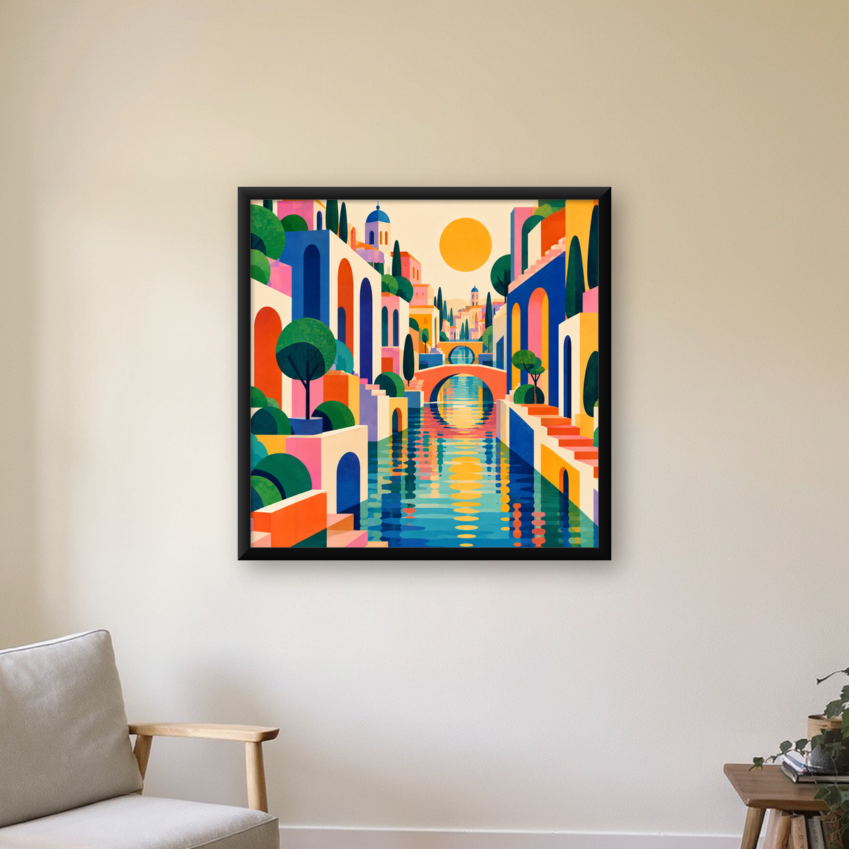 Renkli Akdeniz Kasabası Manzarası Modern Poster — Kare baskı, çerçeveli hâliyle bir ev duvarında