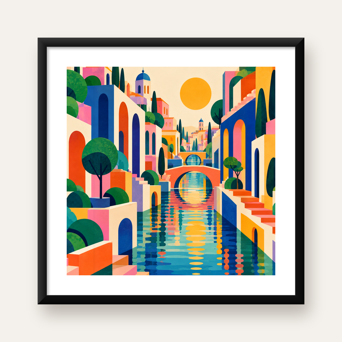 Renkli Akdeniz Kasabası Manzarası Modern Poster — Kare baskı, beyaz kenar boşluklu
