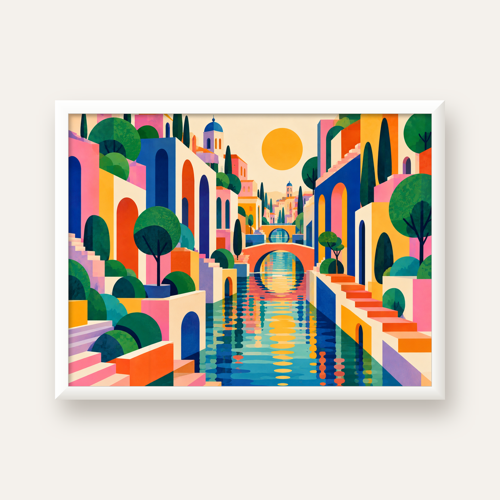 Hayalî Kanal Şehri — beyaz çerçeveli yatay poster