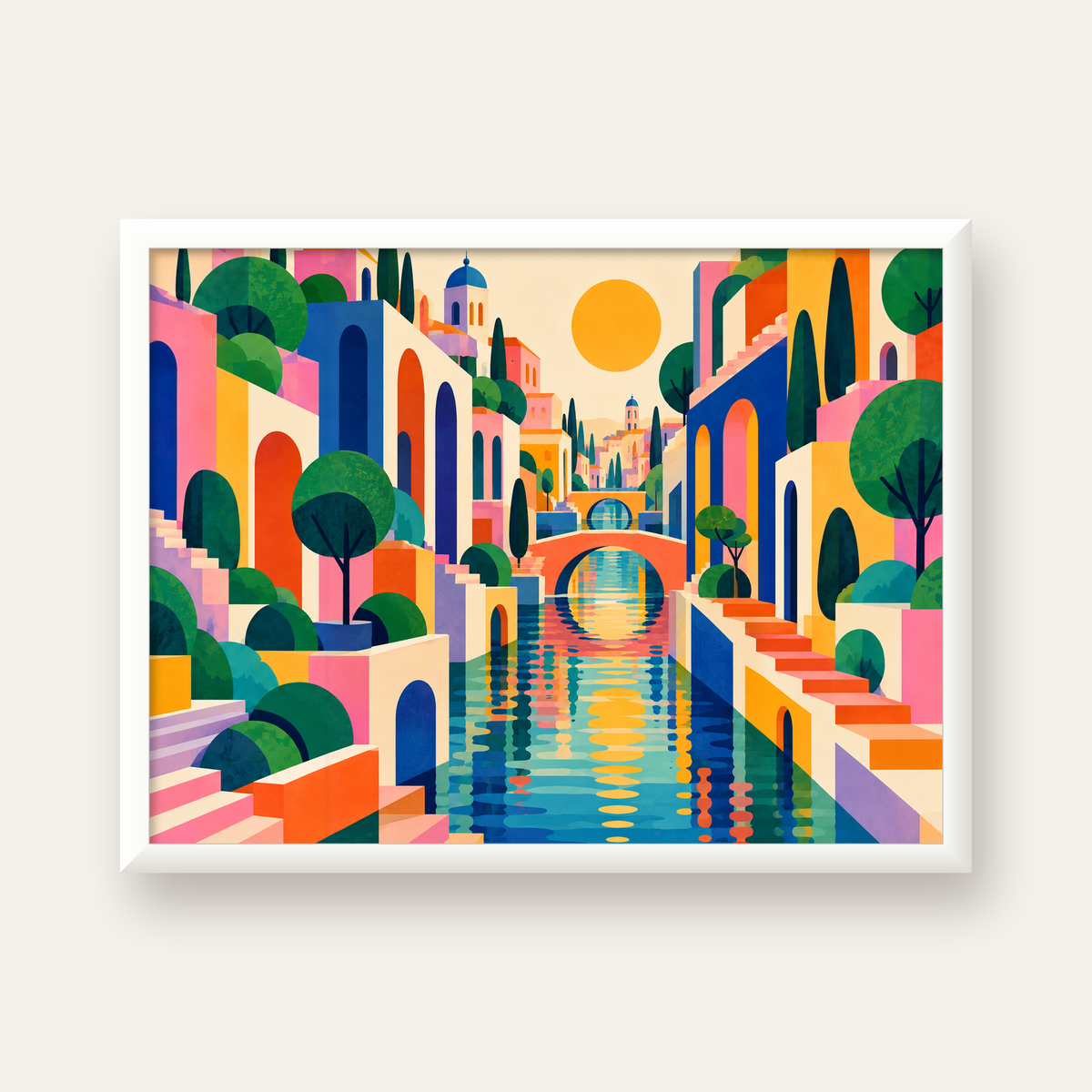 Hayalî Kanal Şehri — beyaz çerçeveli yatay poster