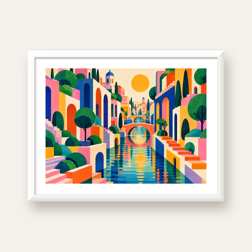 Hayalî Kanal Şehri — beyaz çerçeveli yatay poster