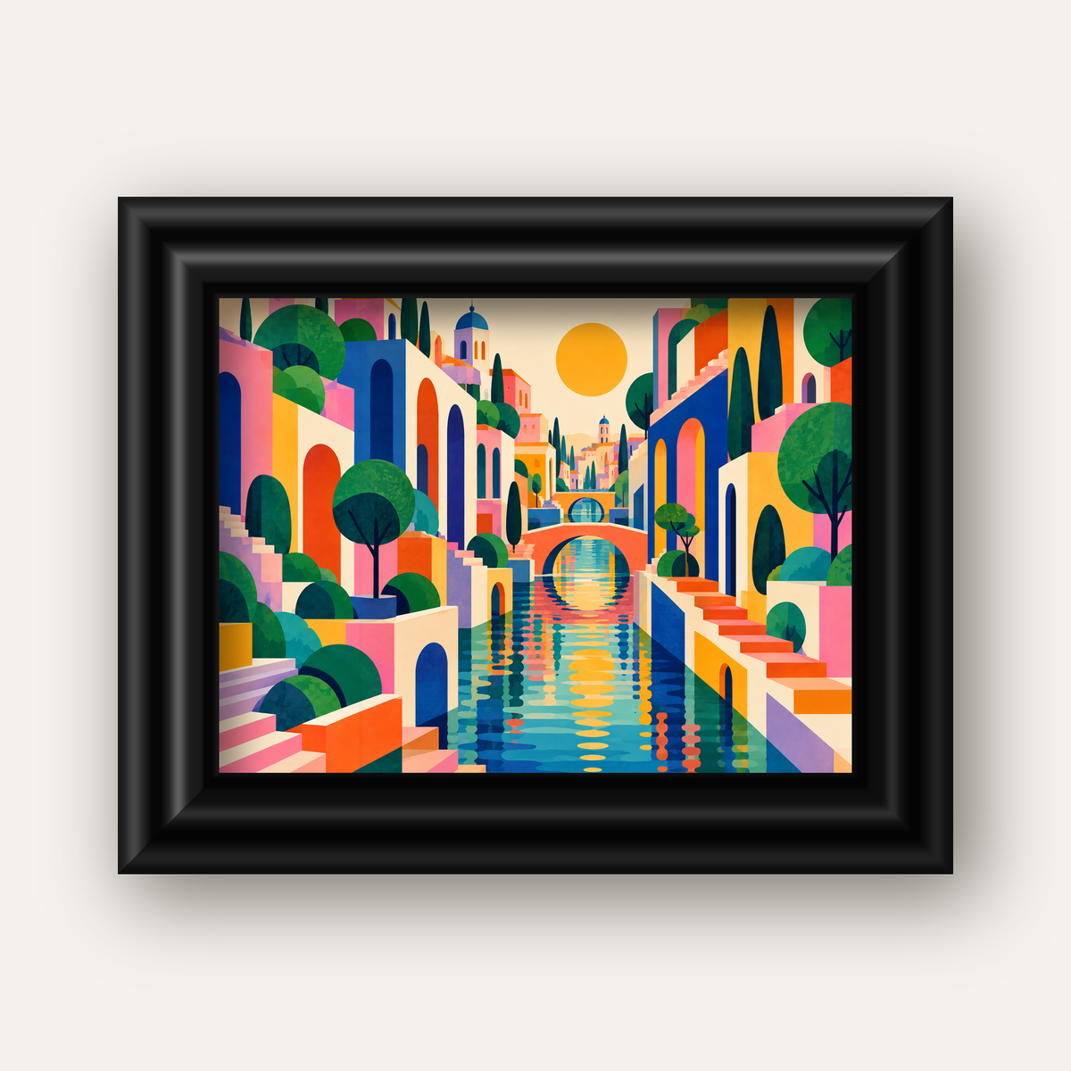Hayalî Kanal Şehri — siyah galeri çerçeveli