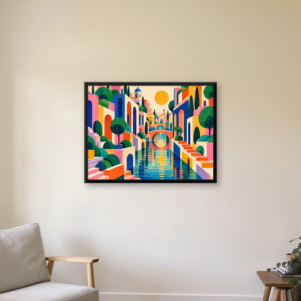 Renkli Akdeniz Kasabası Manzarası Modern Poster — Yatay baskı, çerçeveli hâliyle bir ev duvarında
