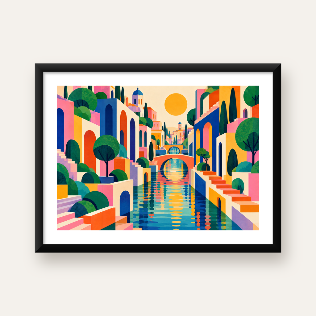 Renkli Akdeniz Kasabası Manzarası Modern Poster — Yatay baskı, beyaz kenar boşluklu