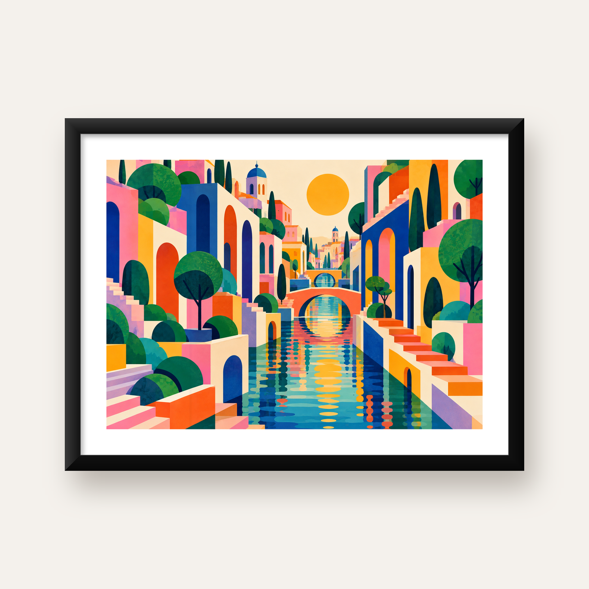 Renkli Akdeniz Kasabası Manzarası Modern Poster — Yatay baskı, beyaz kenar boşluklu