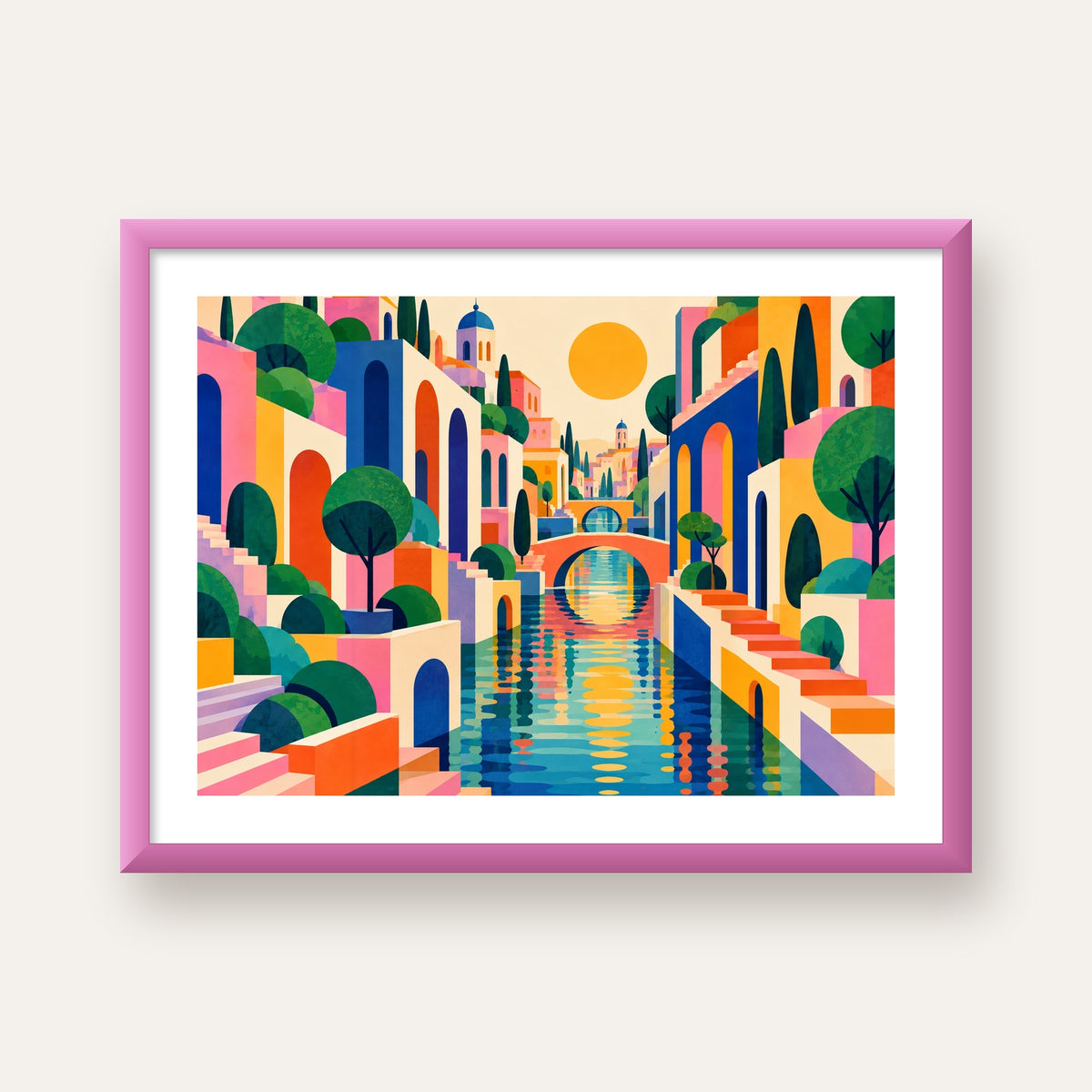 Hayalî Kanal Şehri — pembe çerçeveli paspartulu