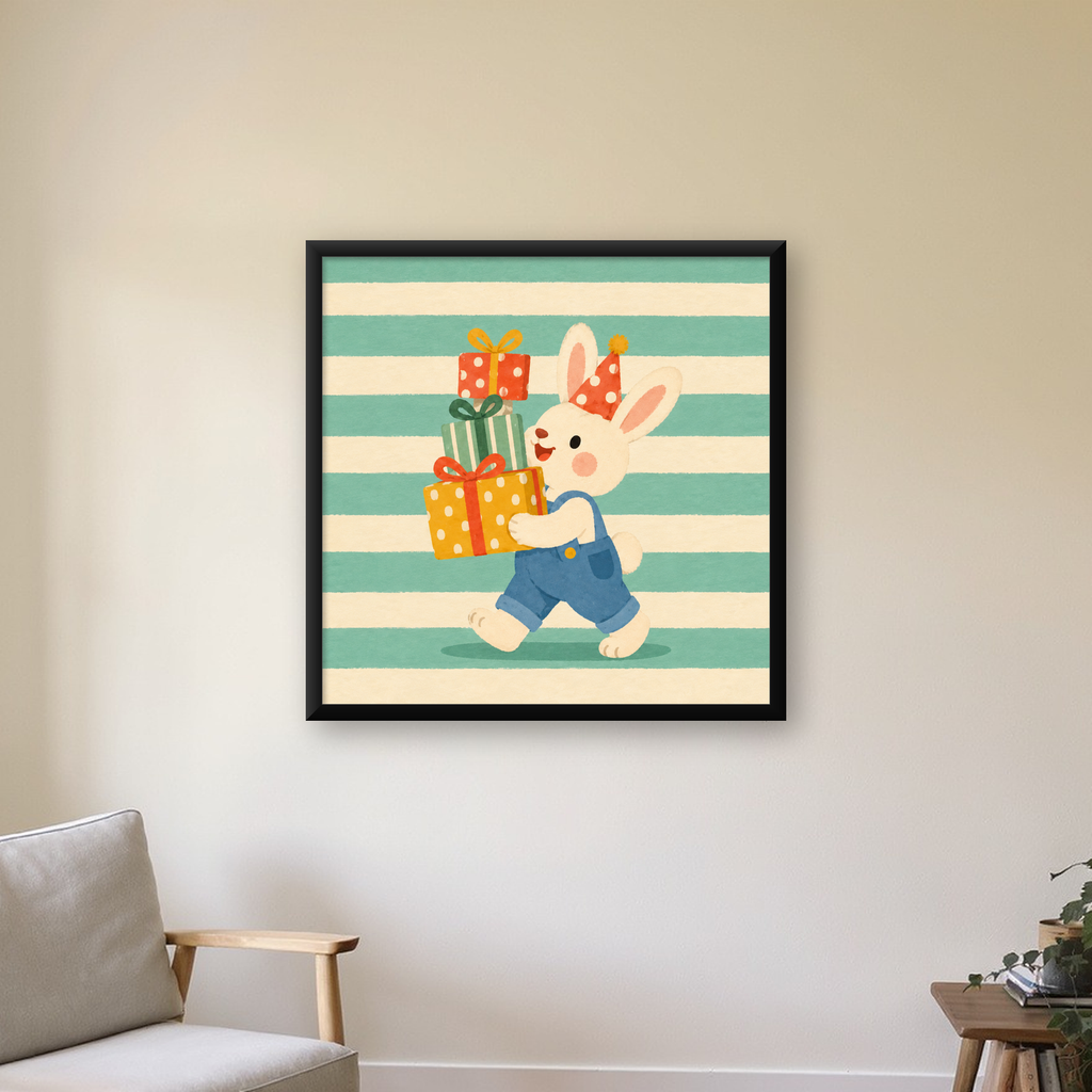 Parti Şapkalı Tavşan ve Hediyeler Pastel Çocuk Poster — Kare baskı, çerçeveli hâliyle bir ev duvarında