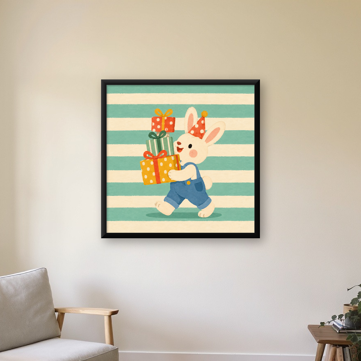 Parti Şapkalı Tavşan ve Hediyeler Pastel Çocuk Poster — Kare baskı, çerçeveli hâliyle bir ev duvarında