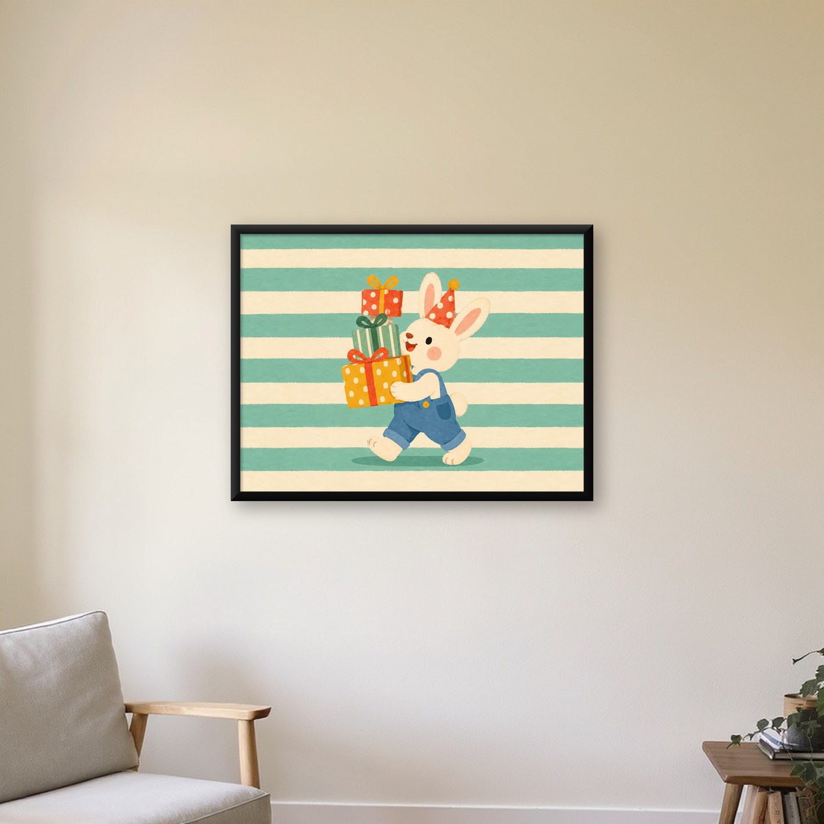 Parti Şapkalı Tavşan ve Hediyeler Pastel Çocuk Poster — Yatay baskı, çerçeveli hâliyle bir ev duvarında